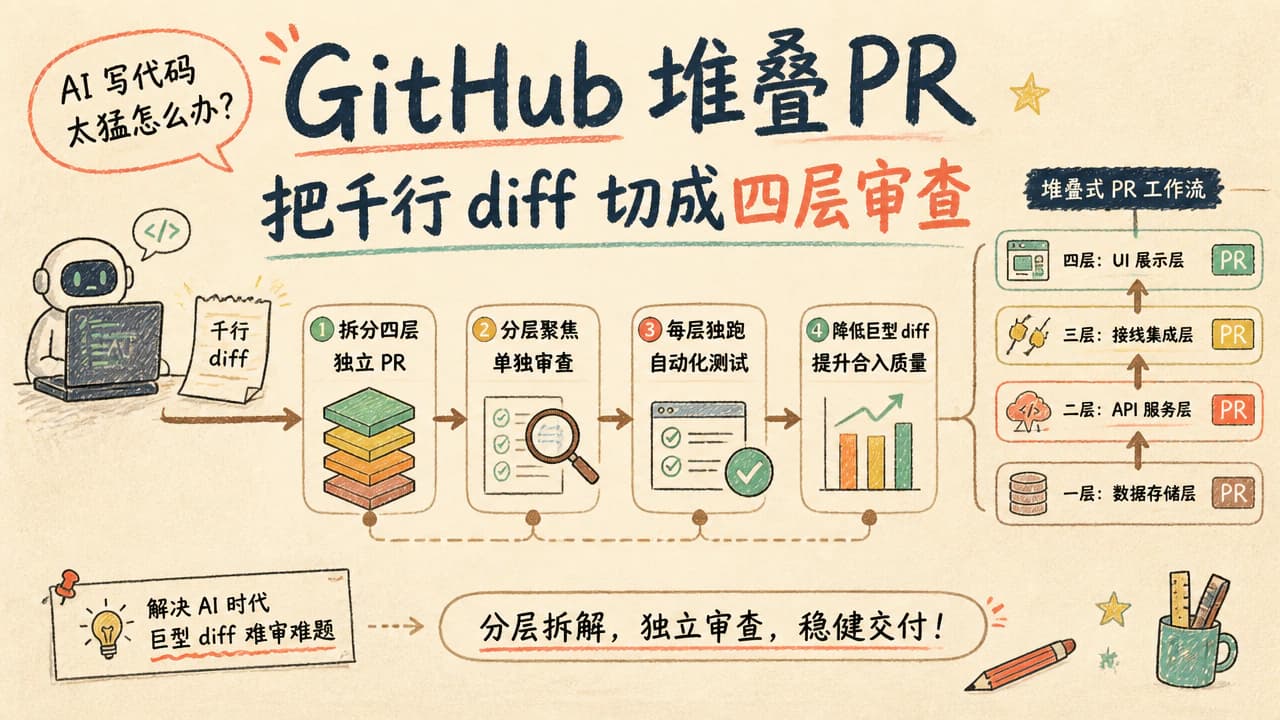 AI 写代码太猛怎么办？GitHub 堆叠 PR 把千行 diff 切成四层审查