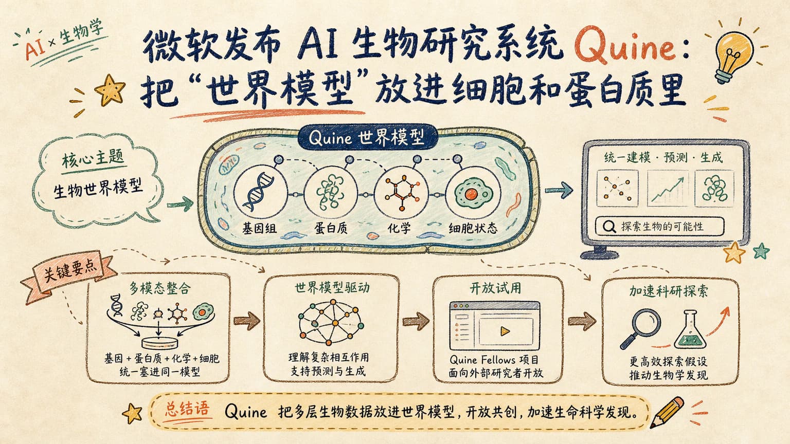 微软发布 AI 生物研究系统 Quine：把"世界模型"放进细胞和蛋白质里