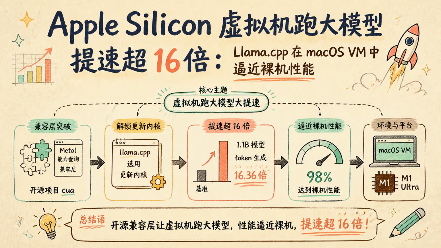Apple Silicon 虚拟机跑大模型提速超 16 倍：Llama.cpp 在 macOS VM 中逼近裸机性能