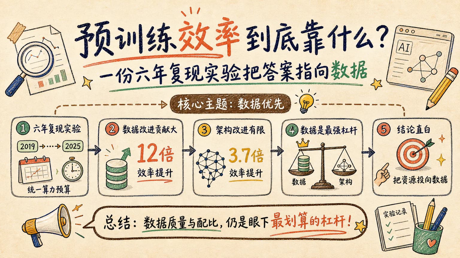 预训练效率到底靠什么？一份六年复现实验把答案指向数据