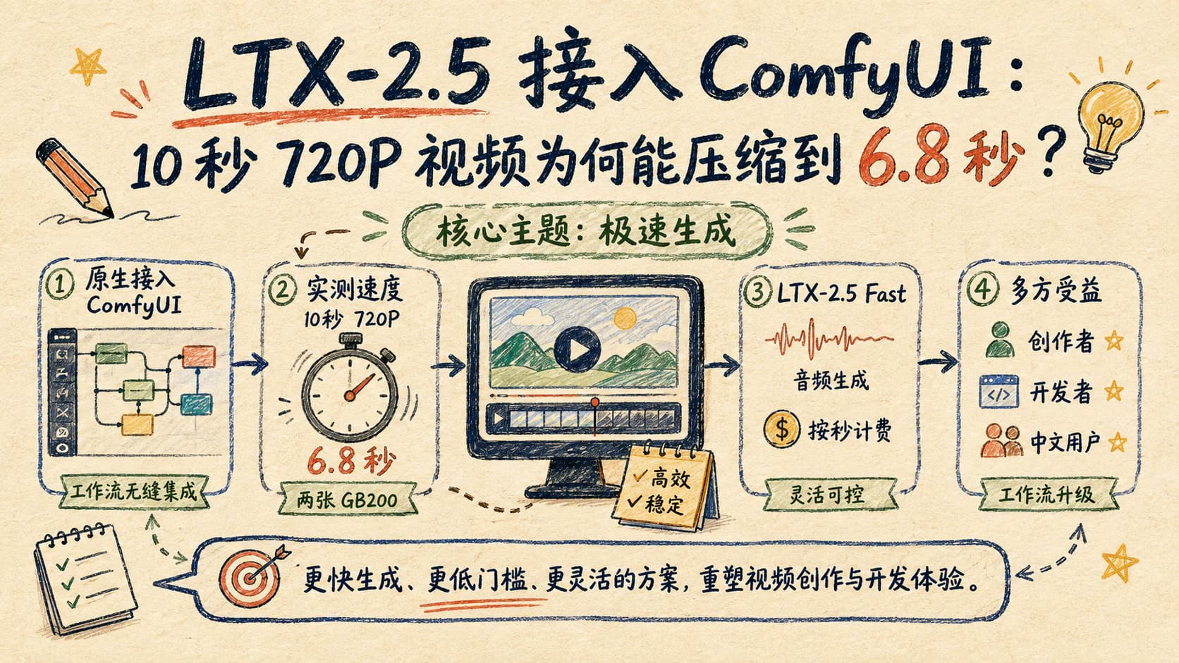 LTX-2.5 接入 ComfyUI：10 秒 720P 视频为何能压缩到 6.8 秒？