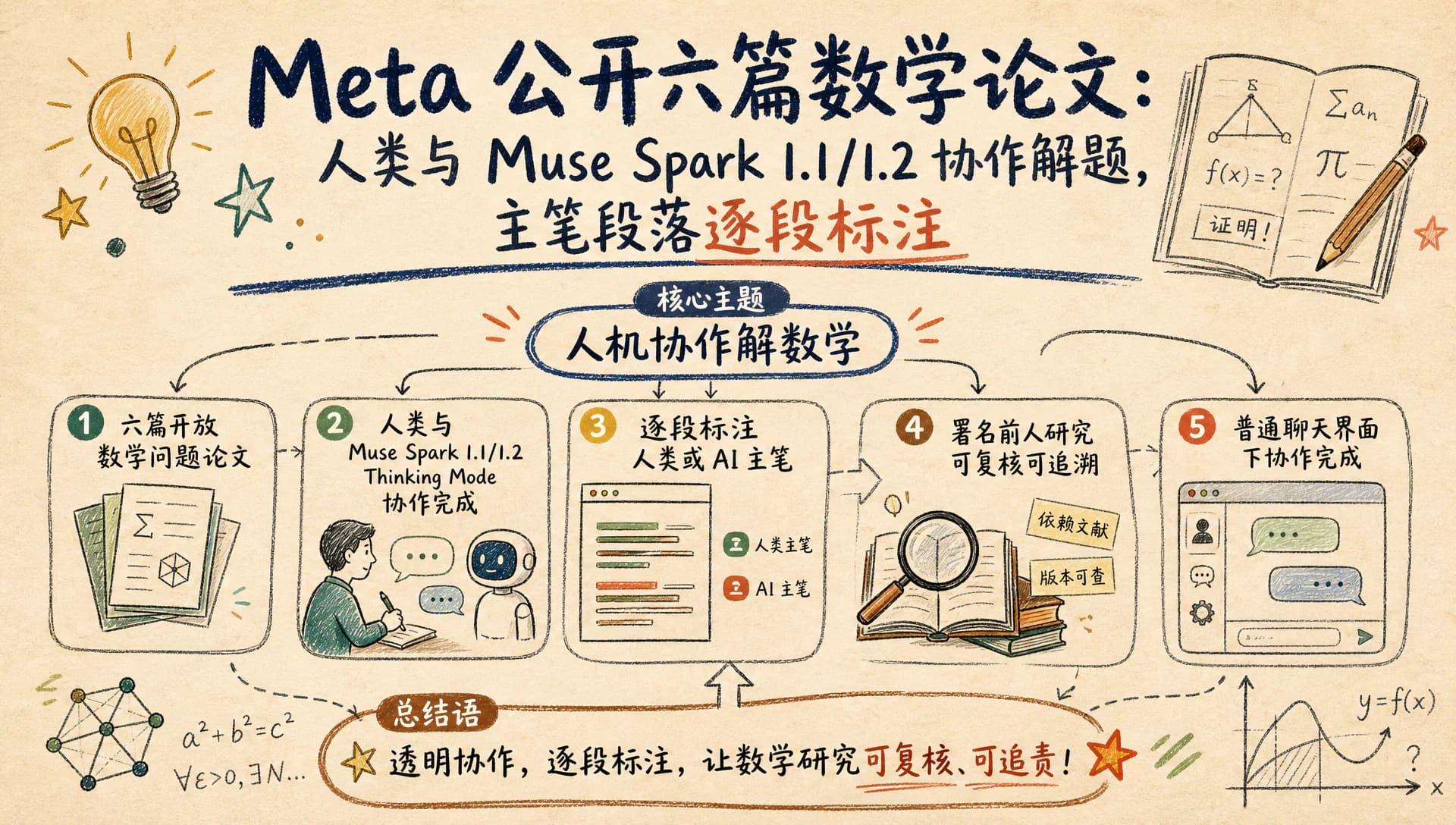 Meta 公开六篇数学论文：人类与 Muse Spark 1.1/1.2 协作解题，主笔段落逐段标注