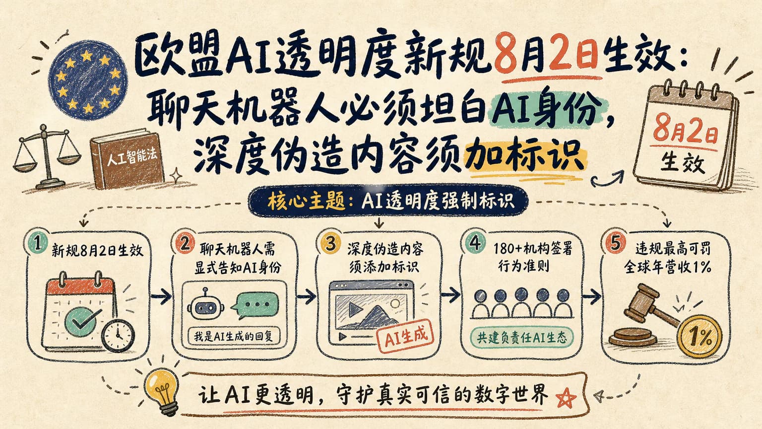 欧盟AI透明度新规8月2日生效:聊天机器人必须坦白AI身份,深度伪造内容须加标识