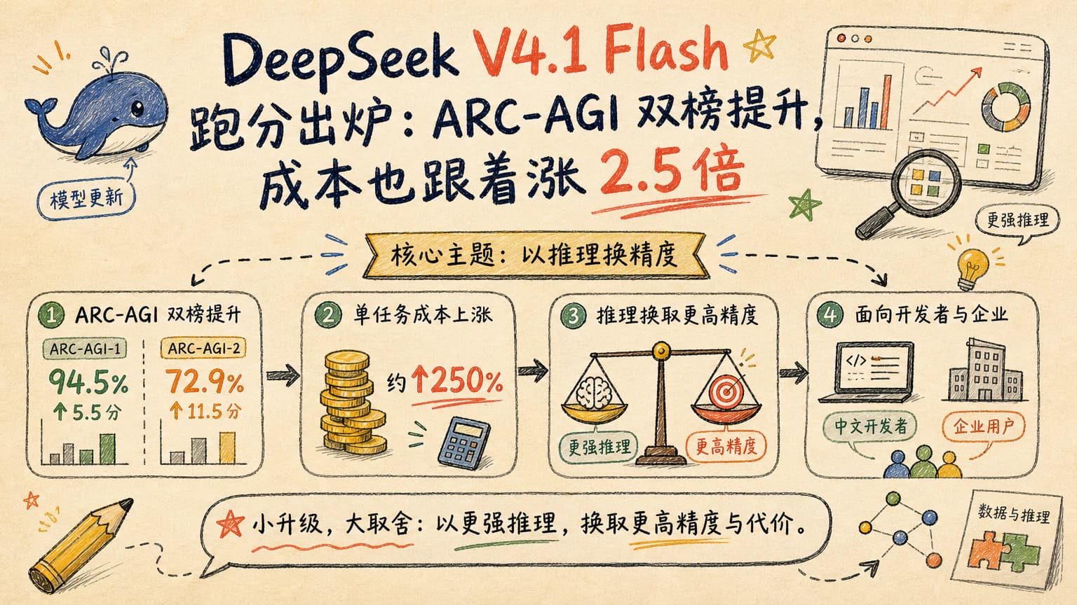 DeepSeek V4.1 Flash 跑分出炉:ARC-AGI 双榜提升,成本也跟着涨 2.5 倍