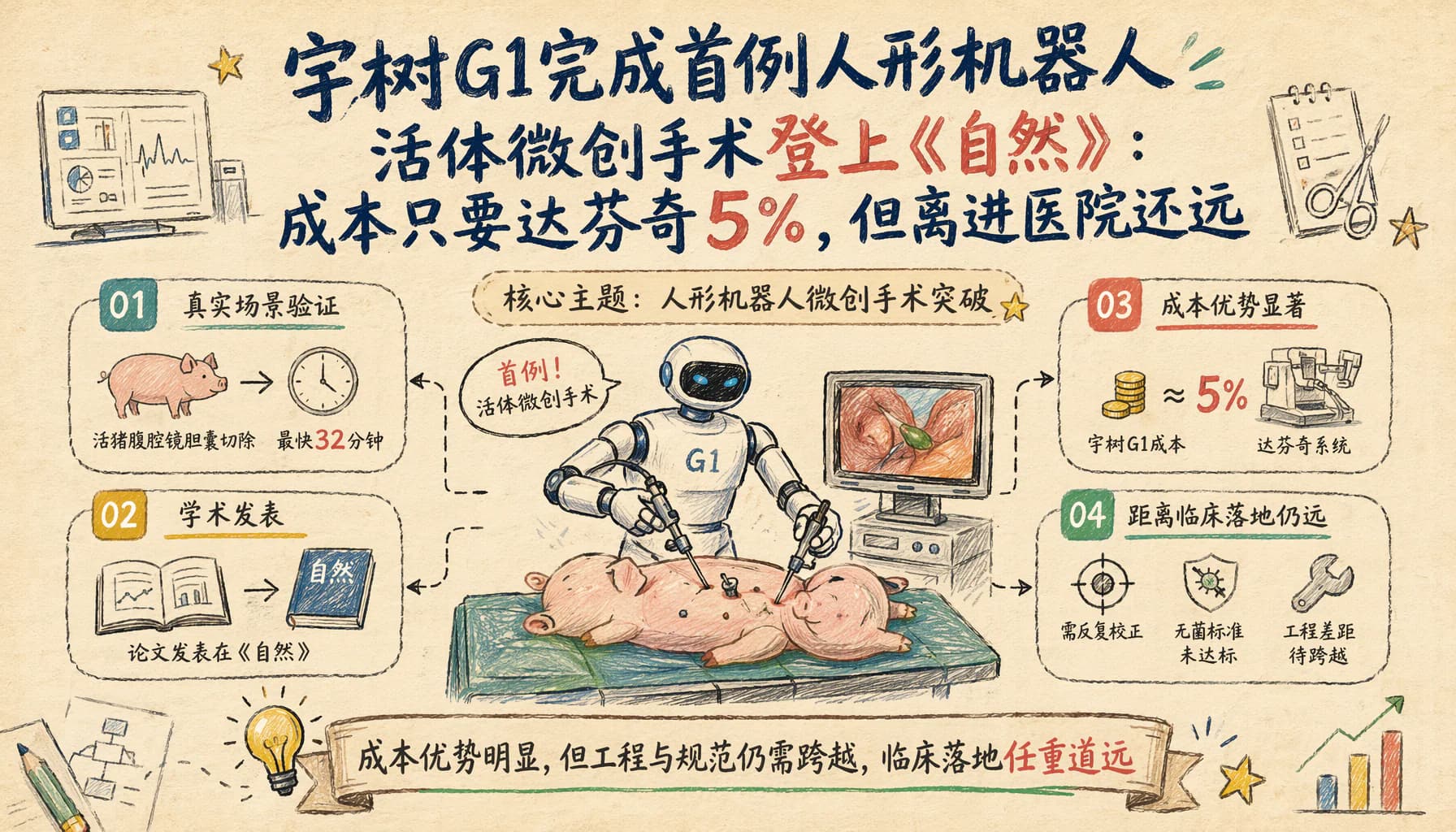 宇树G1完成首例人形机器人活体微创手术登上《自然》:成本只要达芬奇5%,但离进医院还远
