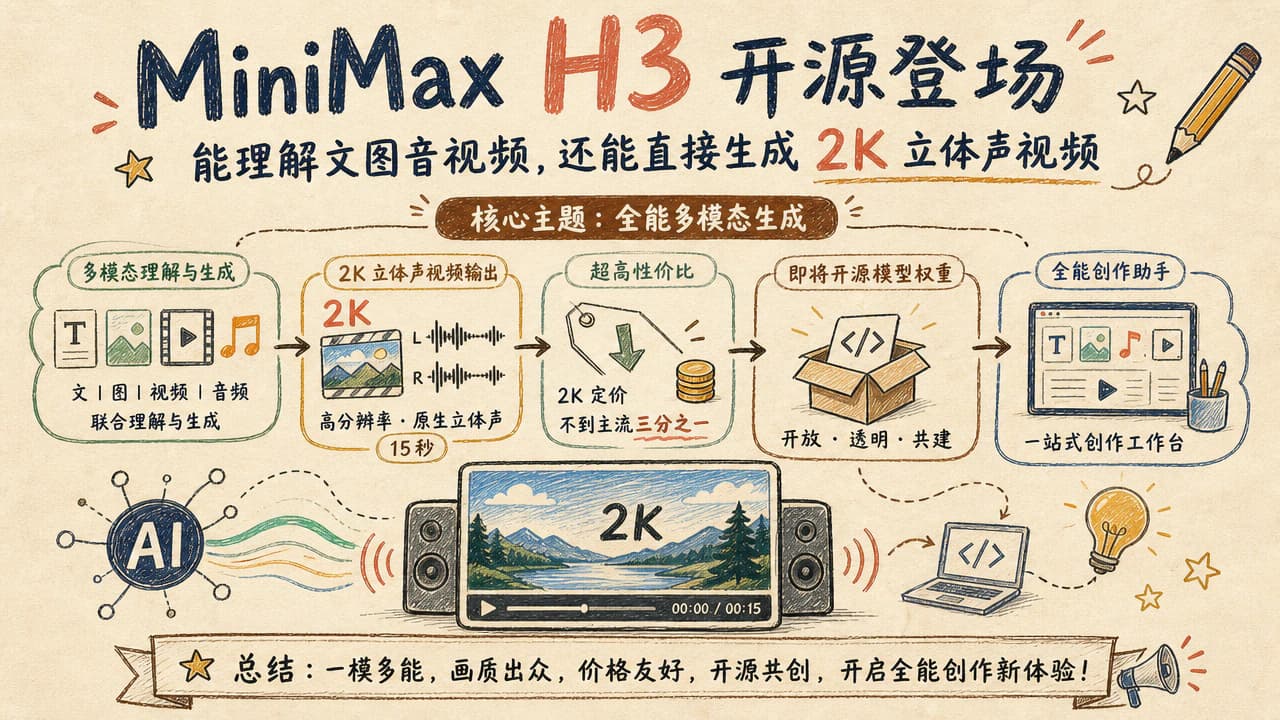 MiniMax H3 开源登场:能理解文图音视频,还能直接生成 2K 立体声视频