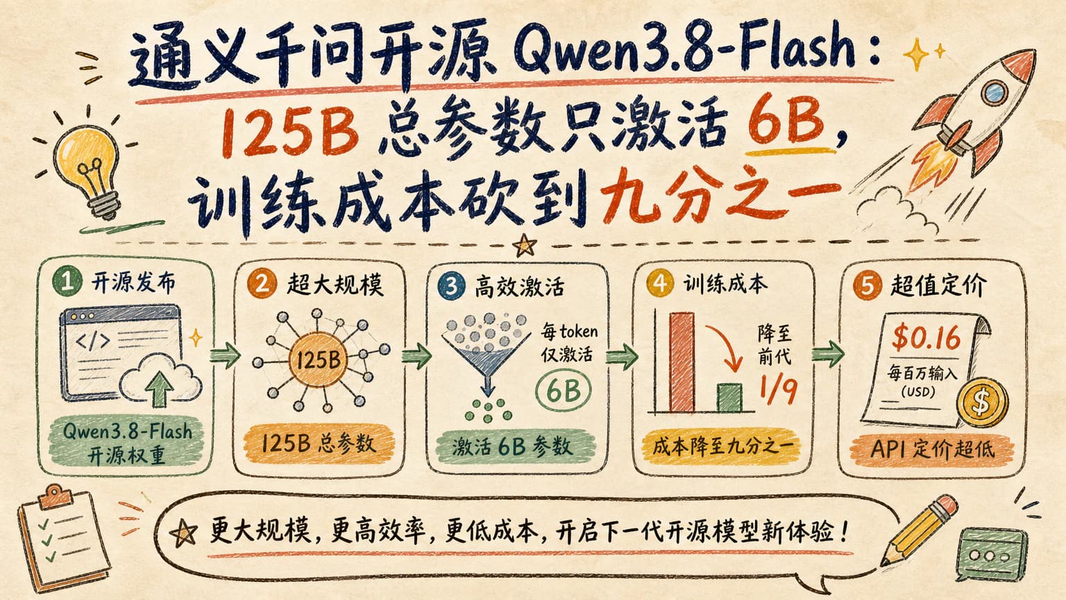 通义千问开源 Qwen3.8-Flash:125B 总参数只激活 6B,训练成本砍到九分之一