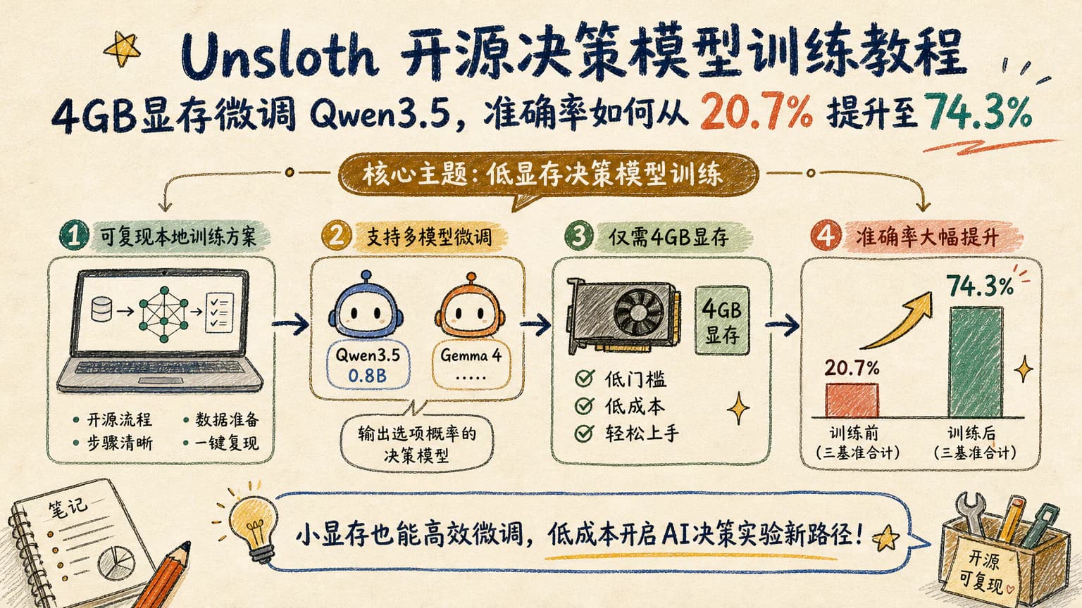 Unsloth 开源决策模型训练教程:4GB 显存微调 Qwen3.5,准确率如何从 20.7% 提升至 74.3%